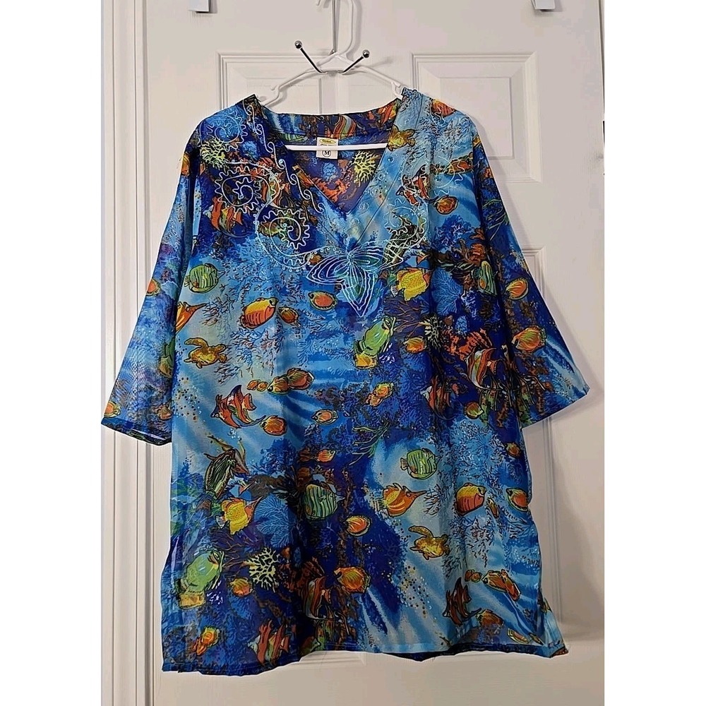 Rima Beachwear Short Sleeve Tunic Size Medium Vneck Sea Designs With‎ Embroidery
